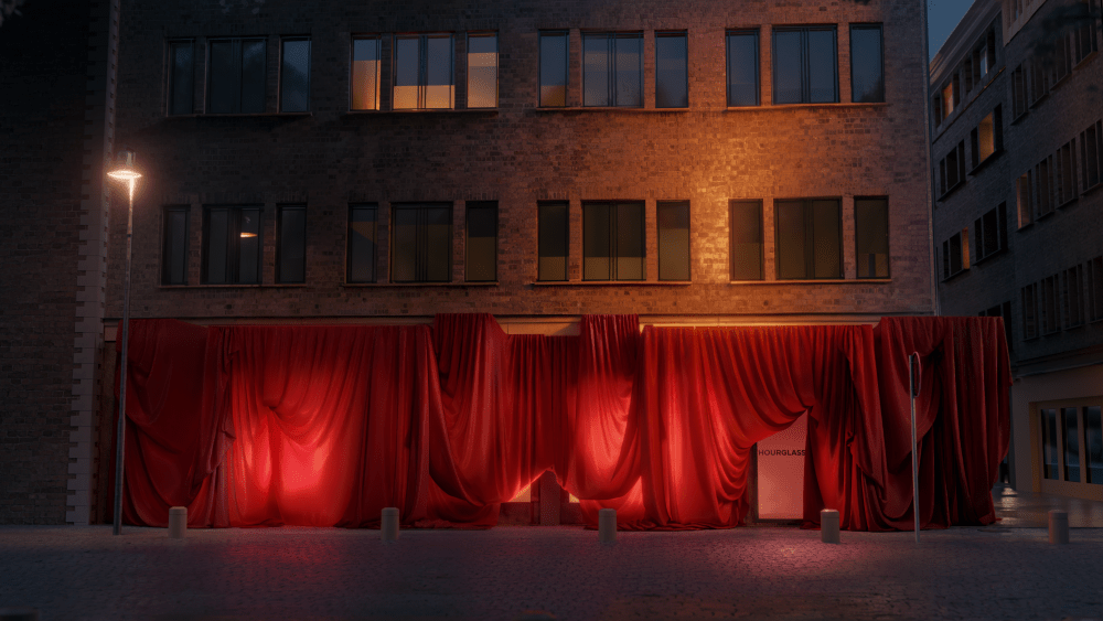 A rendering of Andrés Reisinger’s draped red installation at Lyceum Building in Shanghai.