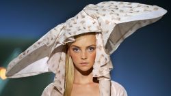 Paris, FRANCE:  A model presents a creation by British-based Turkish Cypriot designer Hussein Chalayan during the Spring/Summer 2007 ready-to-wear collections in Paris, 04 October 2006.     AFP PHOTO/PIERRE VERDY  (Photo credit should read PIERRE VERDY/AFP/Getty Images)