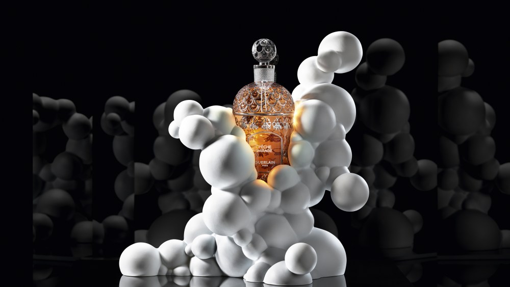 lead-web-pic-guerlain-1 Guerlain's latest, 20-bottle collaboration with mixed media artist Charles Pétillon brings a structural take to its Pêche Mirage fragrance flacon.